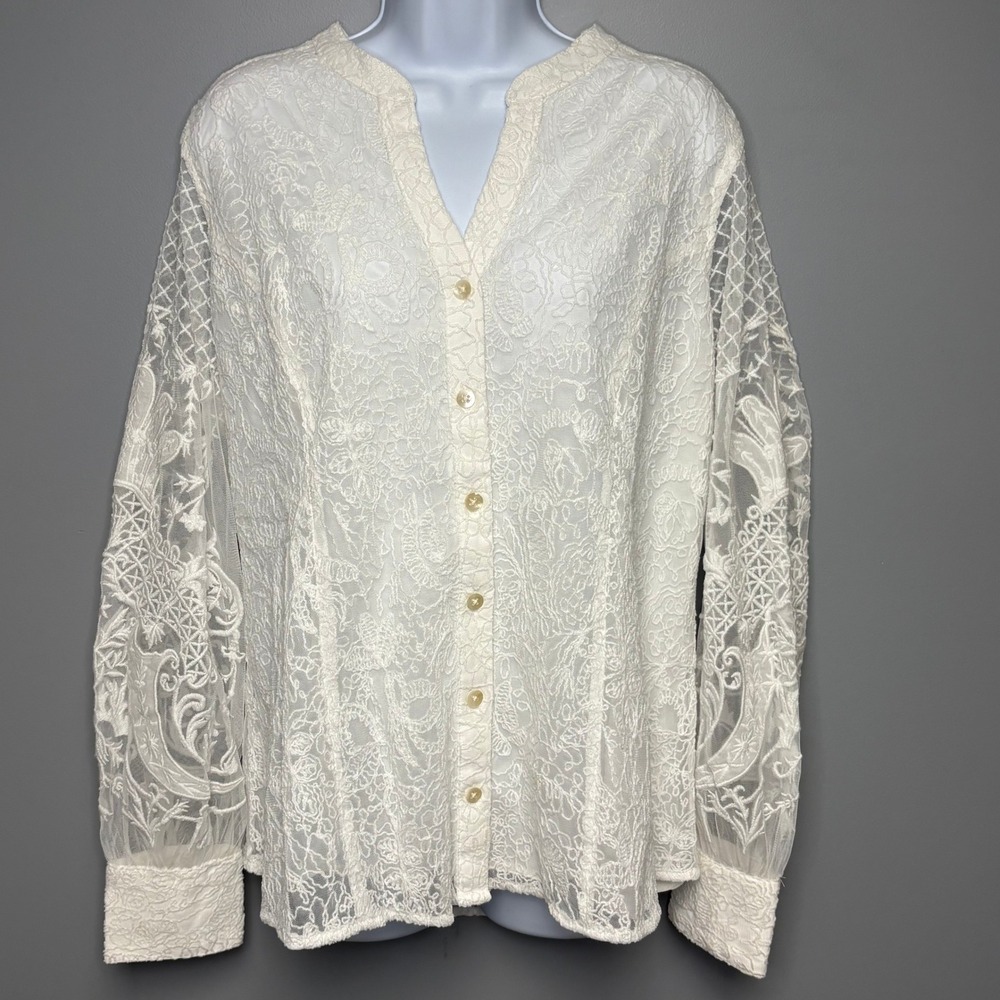 NWT Soft Surroundings Fiori White Fairy Sheer Embroider Lace Button Up Top Sz XL